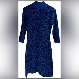 Betsey Johnson Blue Leopard Print Knit Sweater Dress Button Collar M.